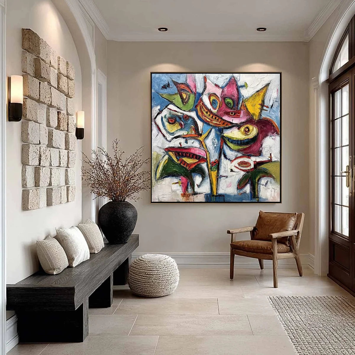CARNIVAL OF SMILES: Large Colorful Abstract Impasto Wall Art | gold frame stretched on neutral wall