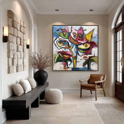 CARNIVAL OF SMILES: Large Colorful Abstract Impasto Wall Art | gold frame stretched on neutral wall