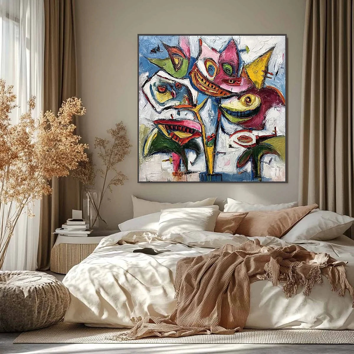 CARNIVAL OF SMILES: Large Colorful Abstract Impasto Wall Art | black frame version on white wall