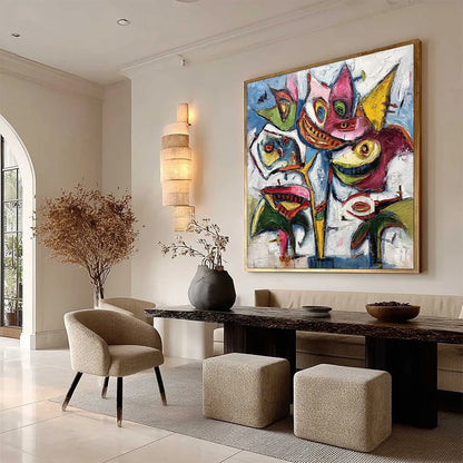 CARNIVAL OF SMILES: Large Colorful Abstract Impasto Wall Art | beige palette, original Hand-painted on wide stretched canvas with artist-grade oils; rich layered surface creates a vibrant, sculptur...