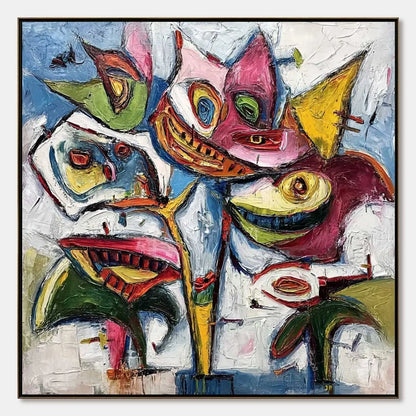 CARNIVAL OF SMILES: Large Colorful Abstract Impasto Wall Art | hanging in Large colorful abstract impasto oil painting with joyful carnival of smiles; rich palette-knife work creates vibrant, energ...