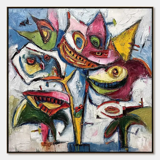 CARNIVAL OF SMILES: Large Colorful Abstract Impasto Wall Art | hanging in Large colorful abstract impasto oil painting with joyful carnival of smiles; rich palette-knife work creates vibrant, energ...