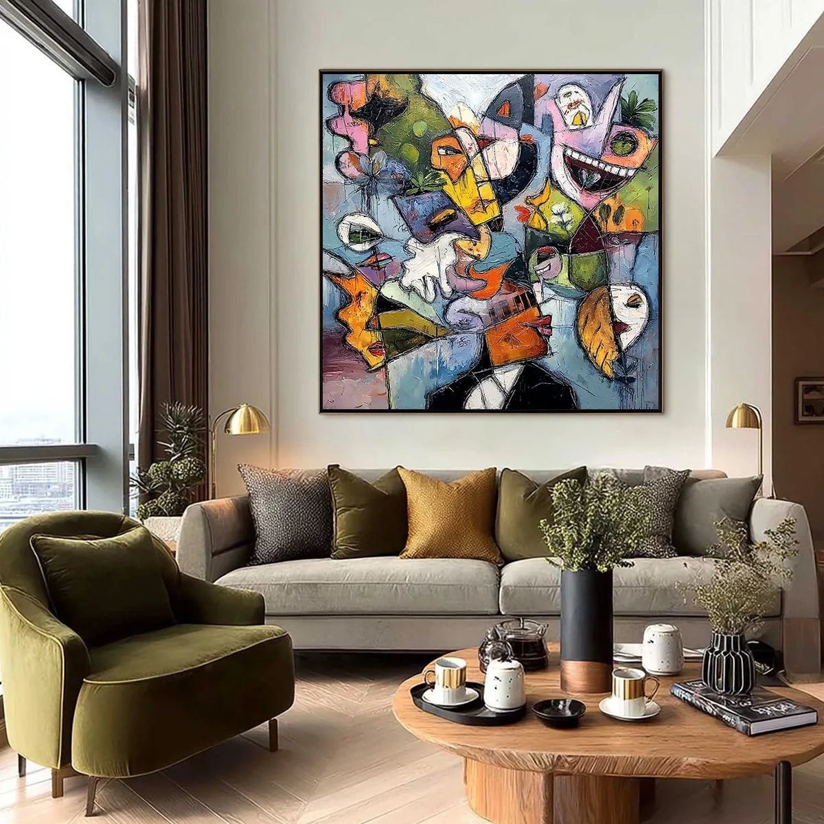 CARNIVAL OF SOULS: Large Colorful Abstract Faces Oil Painting | Figurative closeup, raised brushwork detail