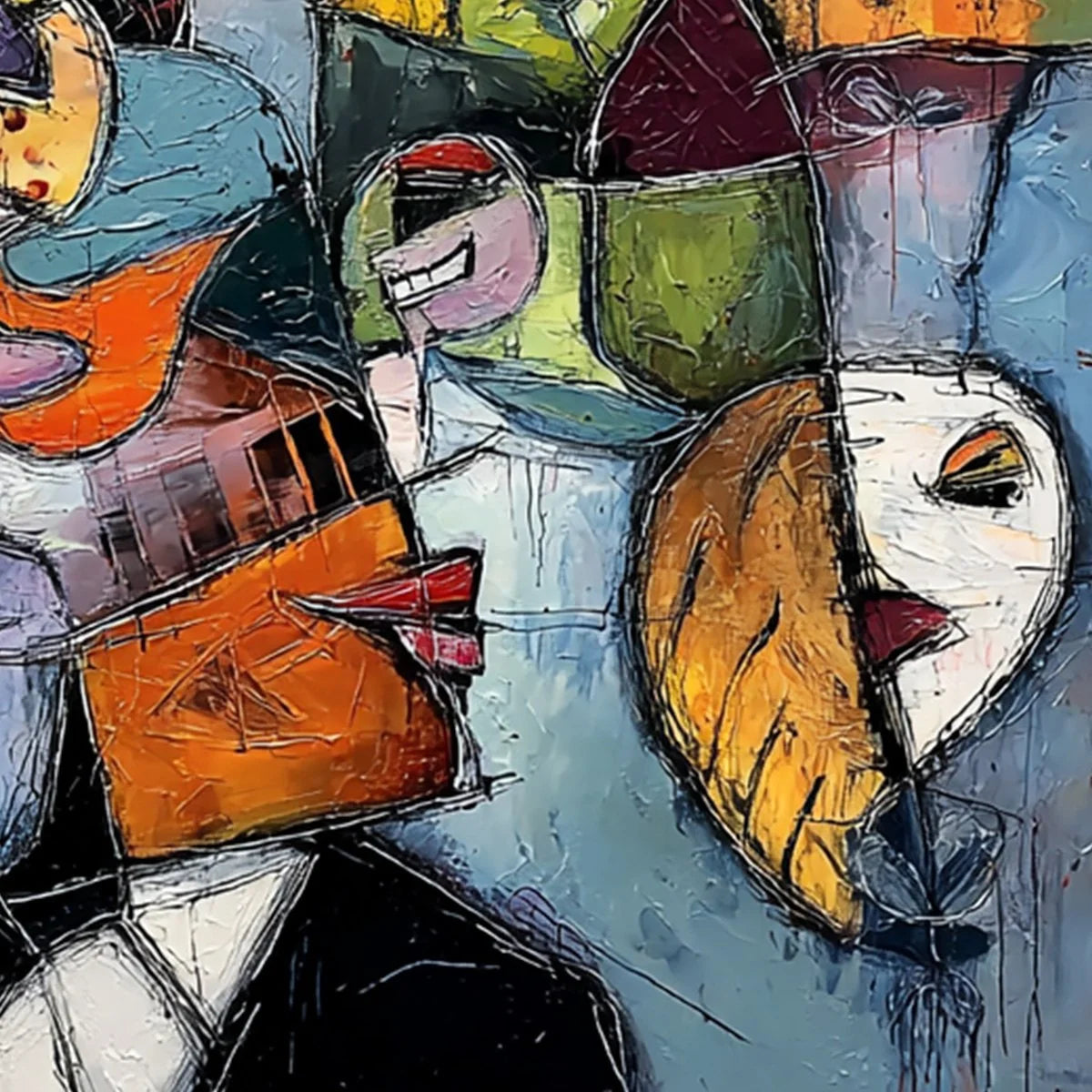 CARNIVAL OF SOULS: Large Colorful Abstract Faces Oil Painting | rectangular format, hand-painted canvas edge