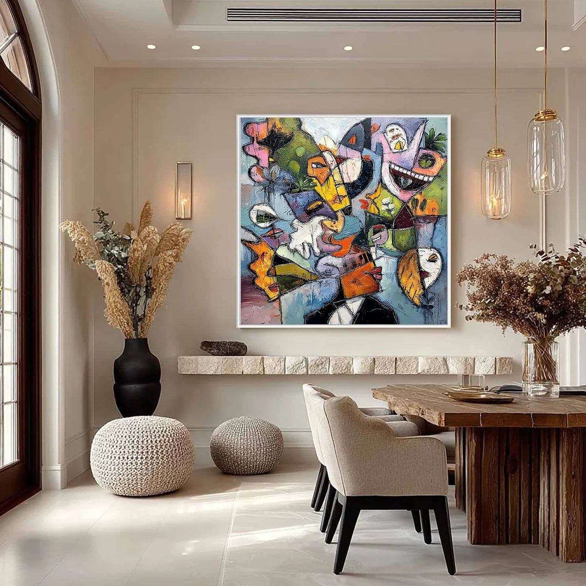 CARNIVAL OF SOULS: Large Colorful Abstract Faces Oil Painting | gold frame stretched on neutral wall