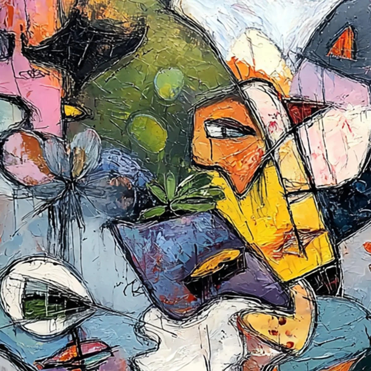 CARNIVAL OF SOULS: Large Colorful Abstract Faces Oil Painting | rolled canvas, ready for custom framing