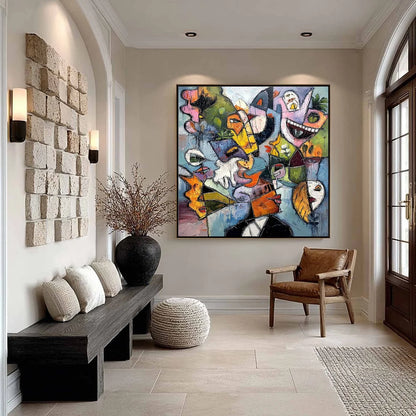 CARNIVAL OF SOULS: Large Colorful Abstract Faces Oil Painting | black frame version on white wall