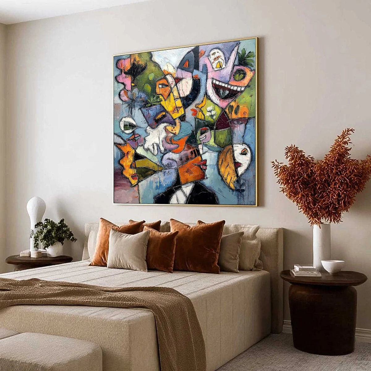 CARNIVAL OF SOULS: Large Colorful Abstract Faces Oil Painting | Figurative mood, soft natural light studio shot