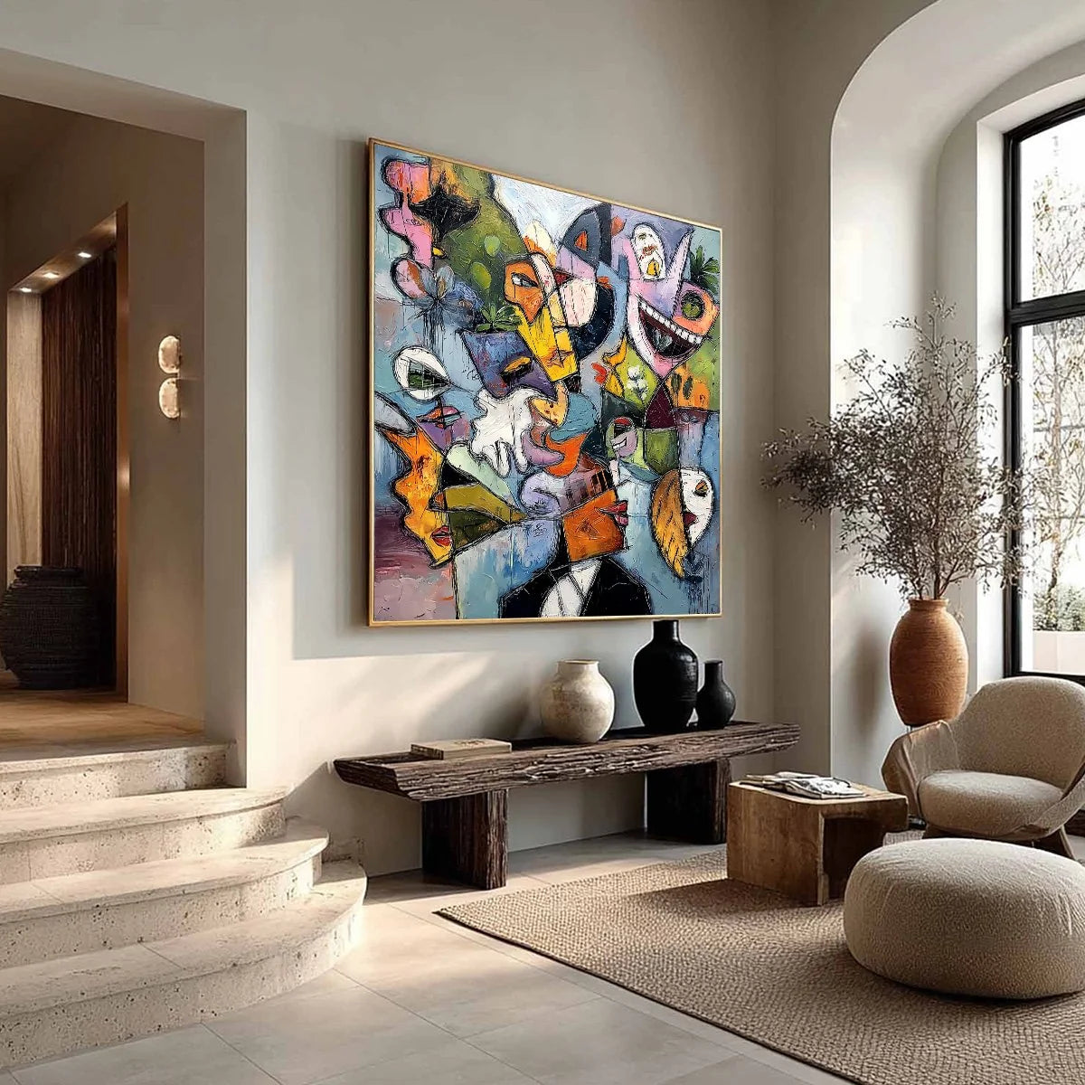 CARNIVAL OF SOULS: Large Colorful Abstract Faces Oil Painting | beige palette, original Hand-painted on wide stretched canvas with artist-grade oils; rich layered surface creates a vibrant, sculptu...