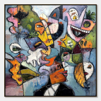 CARNIVAL OF SOULS: Large Colorful Abstract Faces Oil Painting | hanging in Large colorful abstract faces oil painting with carnival of souls theme; rich palette-knife work creates bold, expressive,...