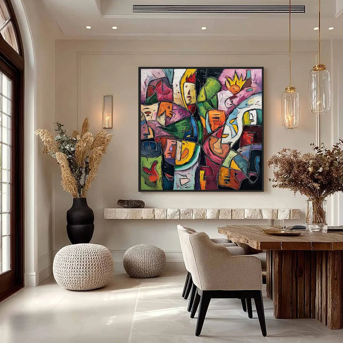 CARNIVAL OF SOULS: Large Colorful Abstract Figurative | gold frame stretched on neutral wall