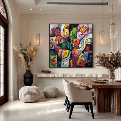 CARNIVAL OF SOULS: Large Colorful Abstract Figurative | gold frame stretched on neutral wall