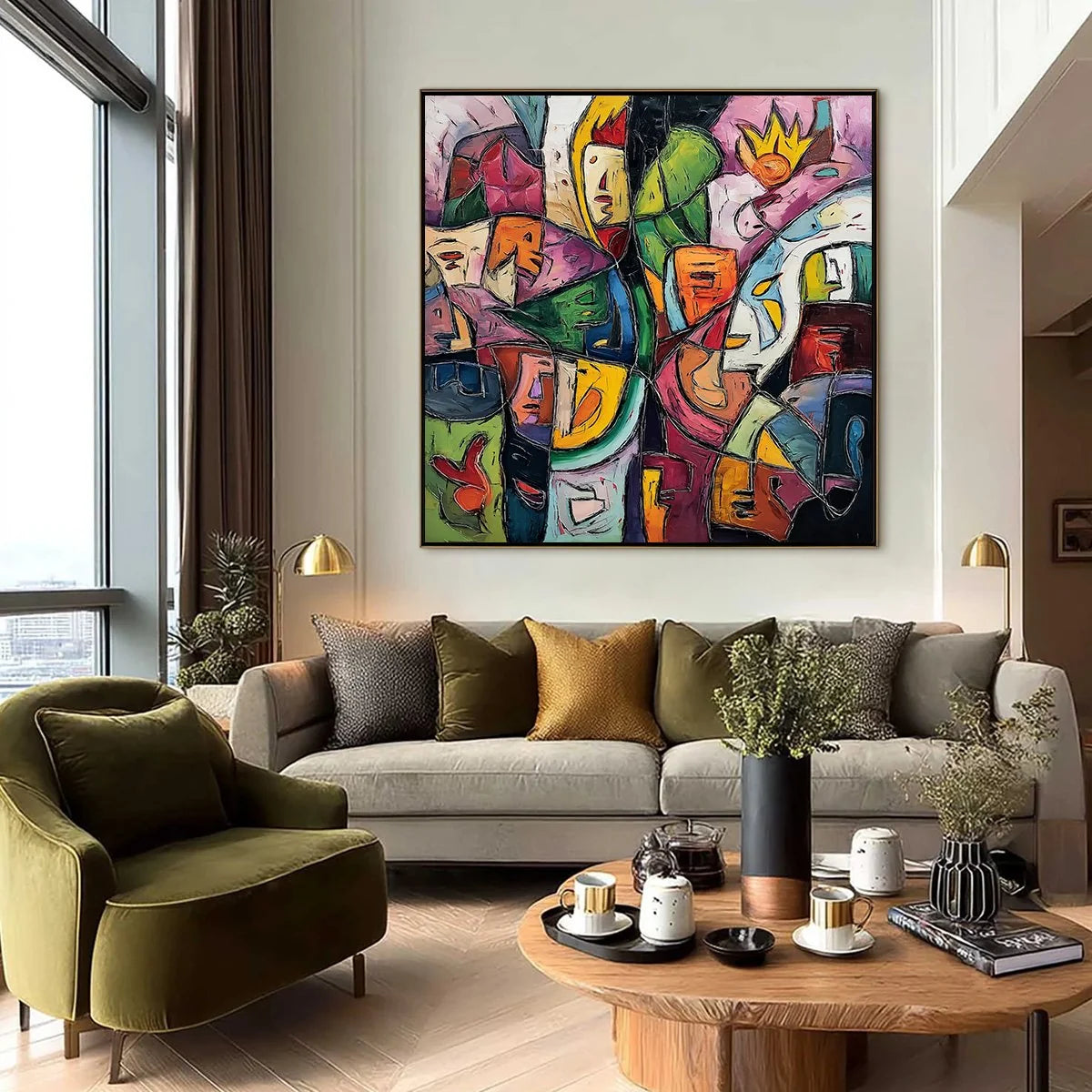 CARNIVAL OF SOULS: Large Colorful Abstract Figurative | black frame version on white wall