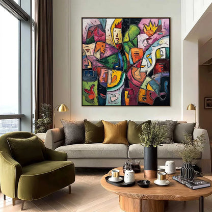 CARNIVAL OF SOULS: Large Colorful Abstract Figurative | black frame version on white wall