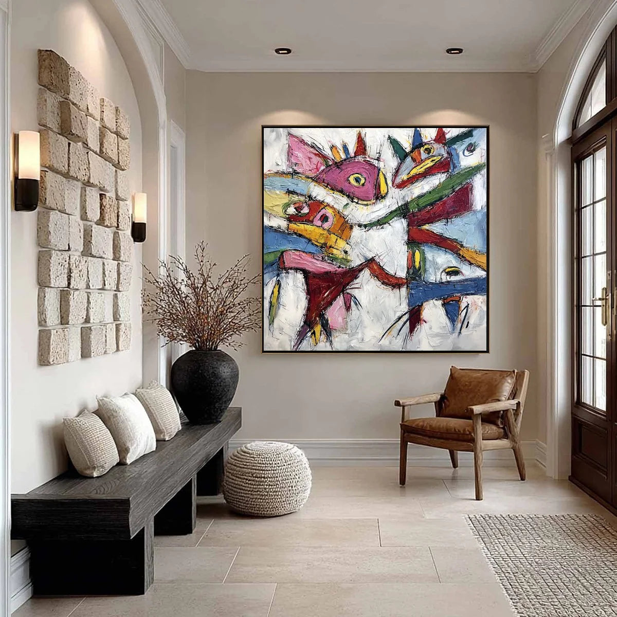 CARNIVAL OF SOULS: Large Colorful Abstract Impasto | gold frame stretched on neutral wall