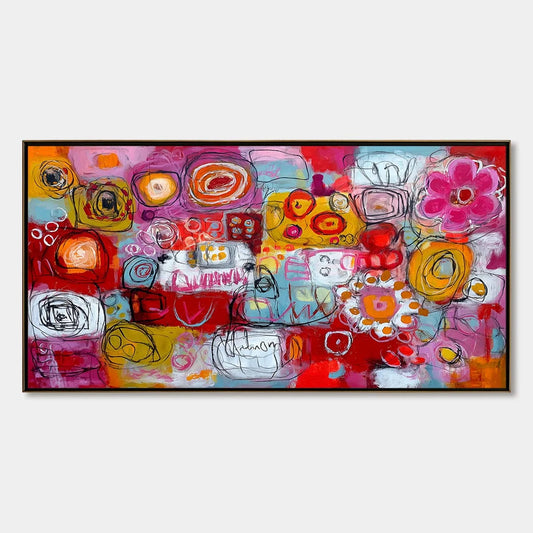 CARNIVAL OF COLORS: Large Colorful Abstract Painting for Modern Wall Decor | hanging in Large colorful abstract oil painting in vibrant rainbow tones; rich palette-knife work creates a joyful, ener...