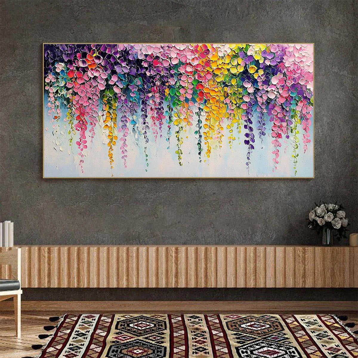 CASCADE OF COLOR: Textured Impasto Floral Oil Painting | textured impasto closeup, raised brushwork detail
