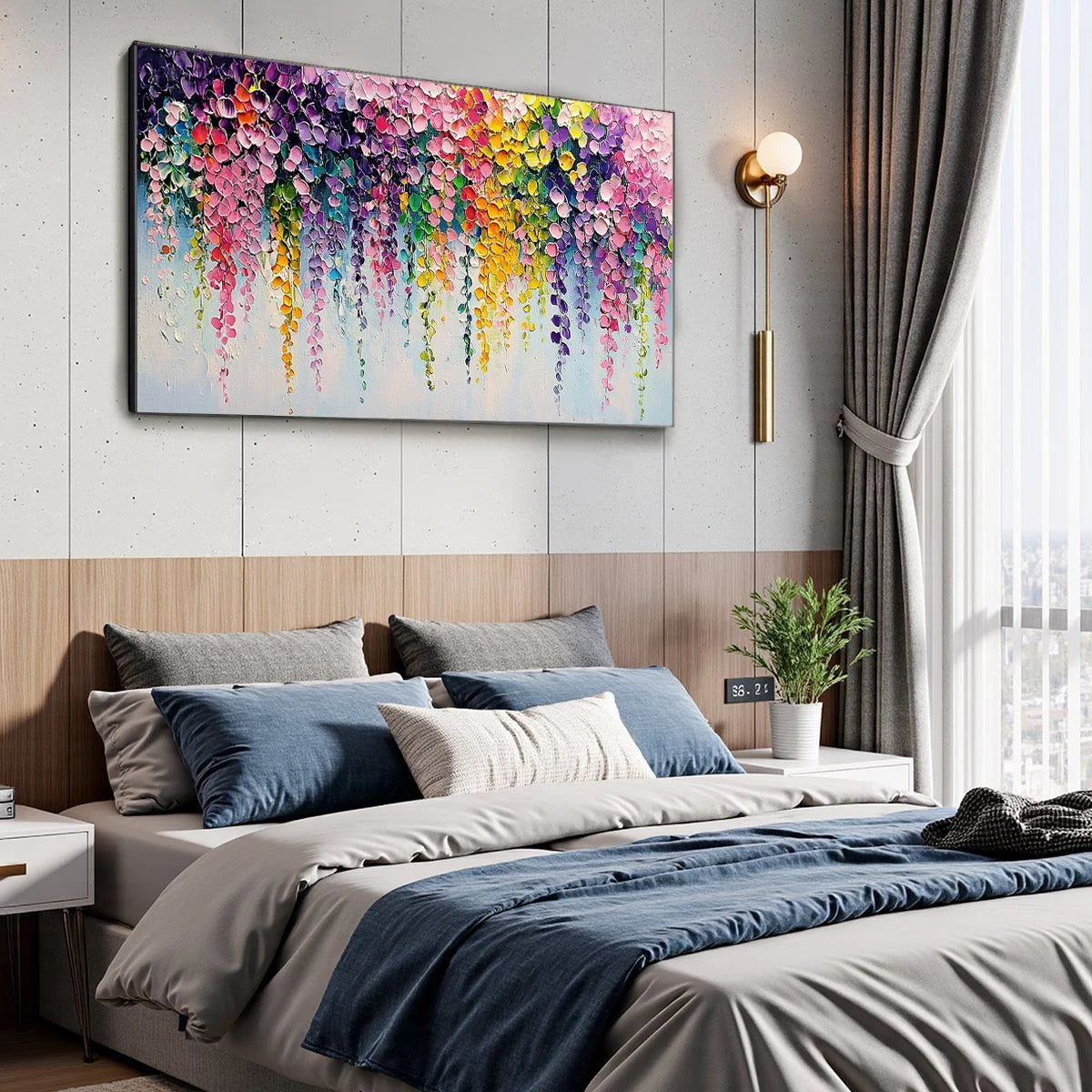 CASCADE OF COLOR: Textured Impasto Floral Oil Painting | gold frame stretched on neutral wall