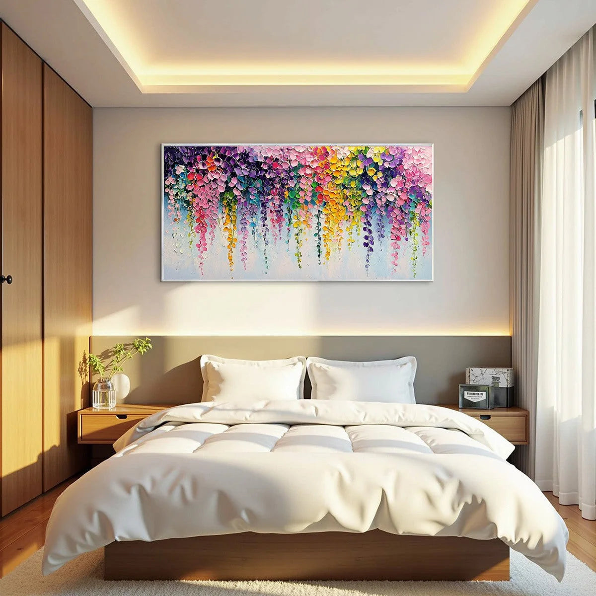 CASCADE OF COLOR: Textured Impasto Floral Oil Painting | textured impasto mood, soft natural light studio shot