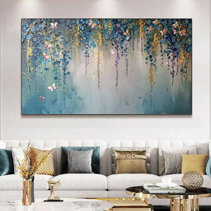 CASCADE: Panoramic Floral and Butterfly Oil Painting | impasto closeup, raised brushwork detail