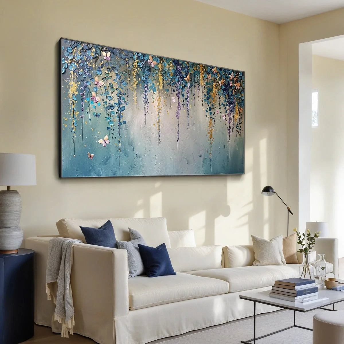 CASCADE: Panoramic Floral and Butterfly Oil Painting | gold frame stretched on neutral wall