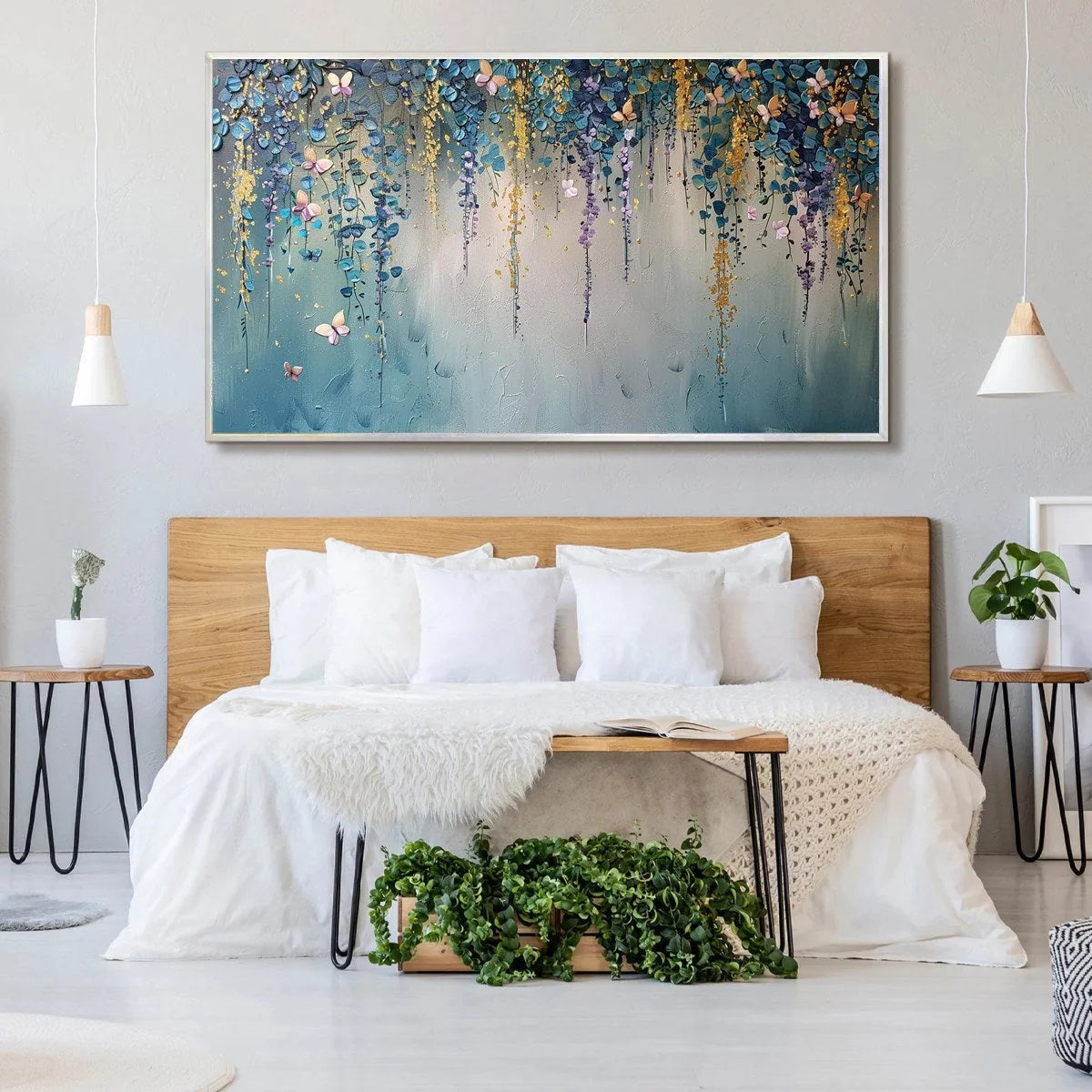 CASCADE: Panoramic Floral and Butterfly Oil Painting | black frame version on white wall