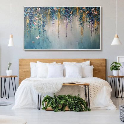 CASCADE: Panoramic Floral and Butterfly Oil Painting | black frame version on white wall
