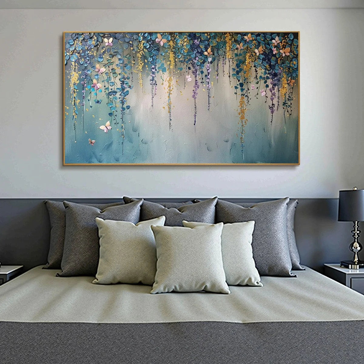 CASCADE: Panoramic Floral and Butterfly Oil Painting | impasto mood, soft natural light studio shot