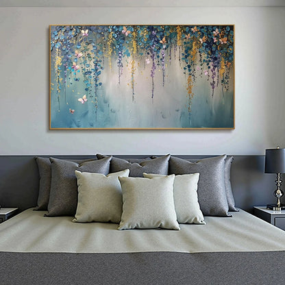 CASCADE: Panoramic Floral and Butterfly Oil Painting | impasto mood, soft natural light studio shot