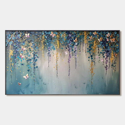 CASCADE: Panoramic Floral and Butterfly Oil Painting | hanging in living room, impasto wall art