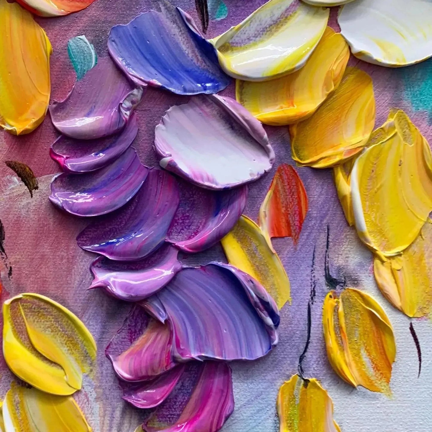 CASCADING COLOR Textured Floral Painting | square 20x20 inch format, hand-painted canvas edge