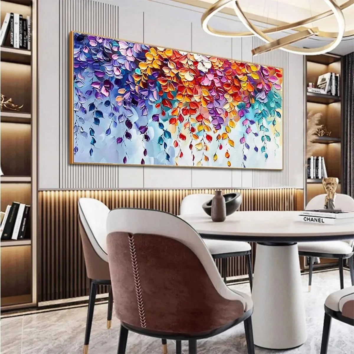 CASCADING COLOR Textured Floral Painting | gold frame stretched on neutral wall