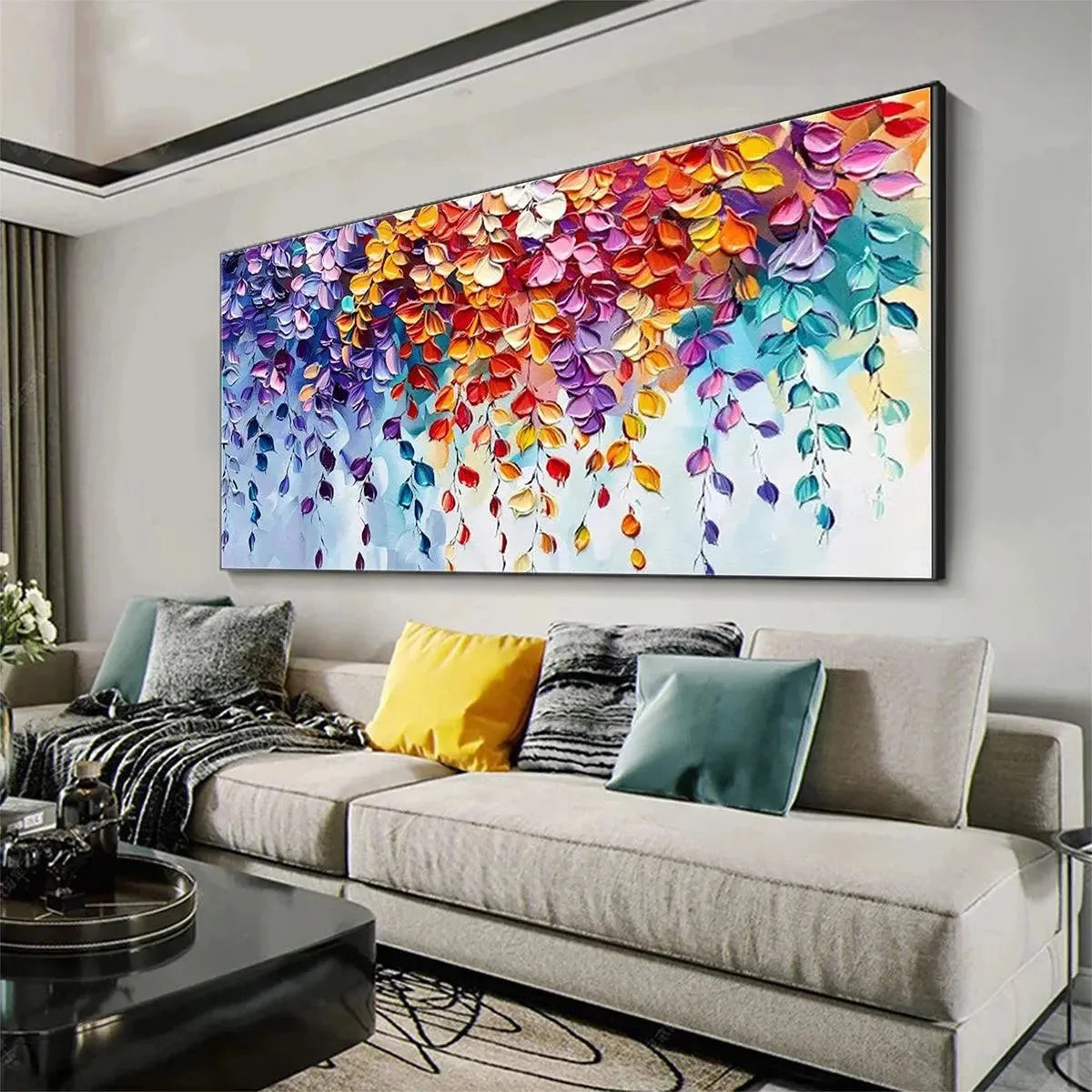 CASCADING COLOR Textured Floral Painting | black frame version on white wall