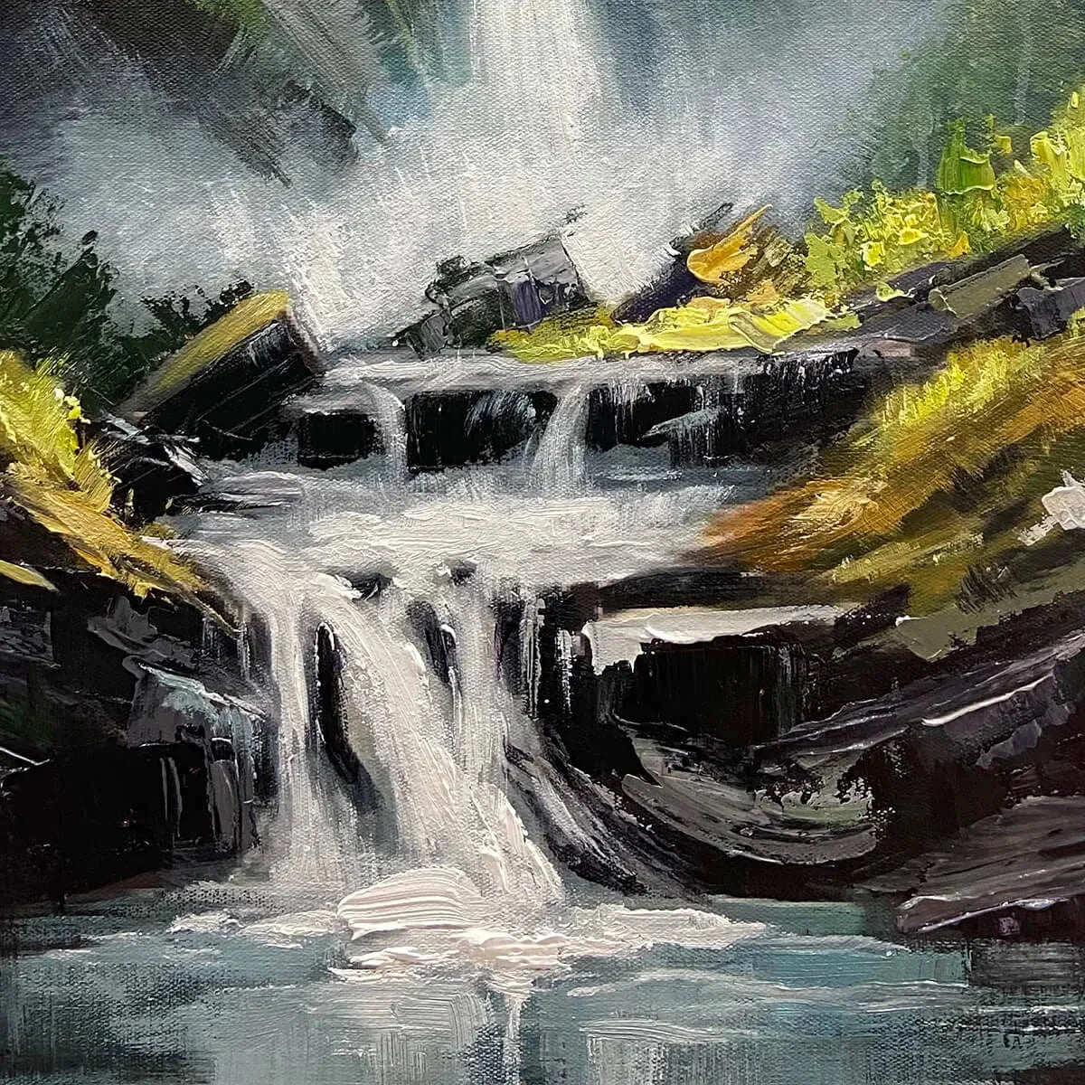 CASCADING MIST: Waterfall Landscape Nature Oil Painting | rectangular format, hand-painted canvas edge