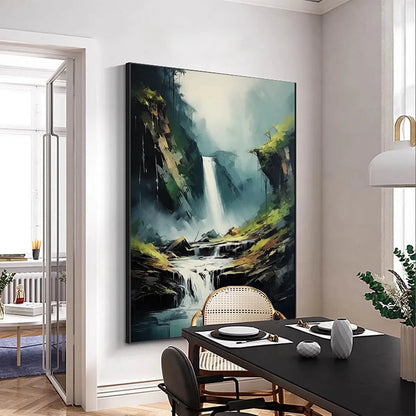 CASCADING MIST: Waterfall Landscape Nature Oil Painting | gold frame stretched on neutral wall