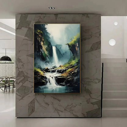 CASCADING MIST: Waterfall Landscape Nature Oil Painting | black frame version on white wall