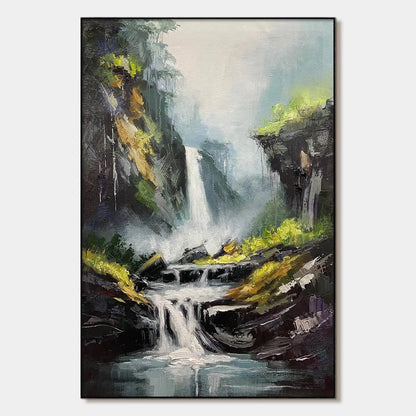 CASCADING MIST: Waterfall Landscape Nature Oil Painting | hanging in living room, textured wall art