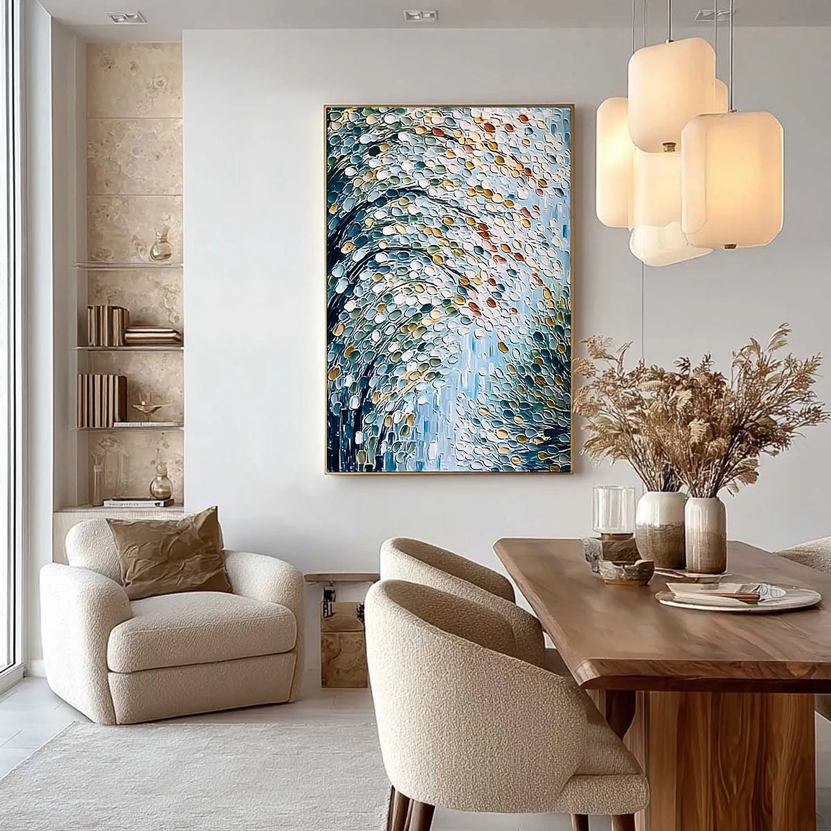 CASCADING PETALS: Heavy Texture Abstract Tree Impasto Painting | gold frame stretched on neutral wall