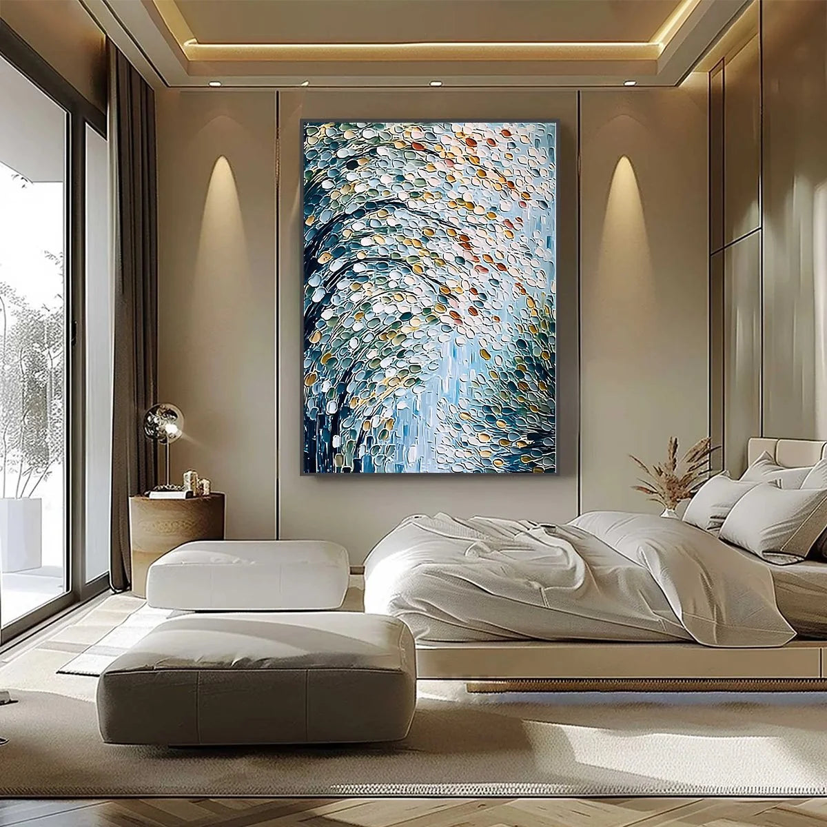CASCADING PETALS: Heavy Texture Abstract Tree Impasto Painting | black frame version on white wall