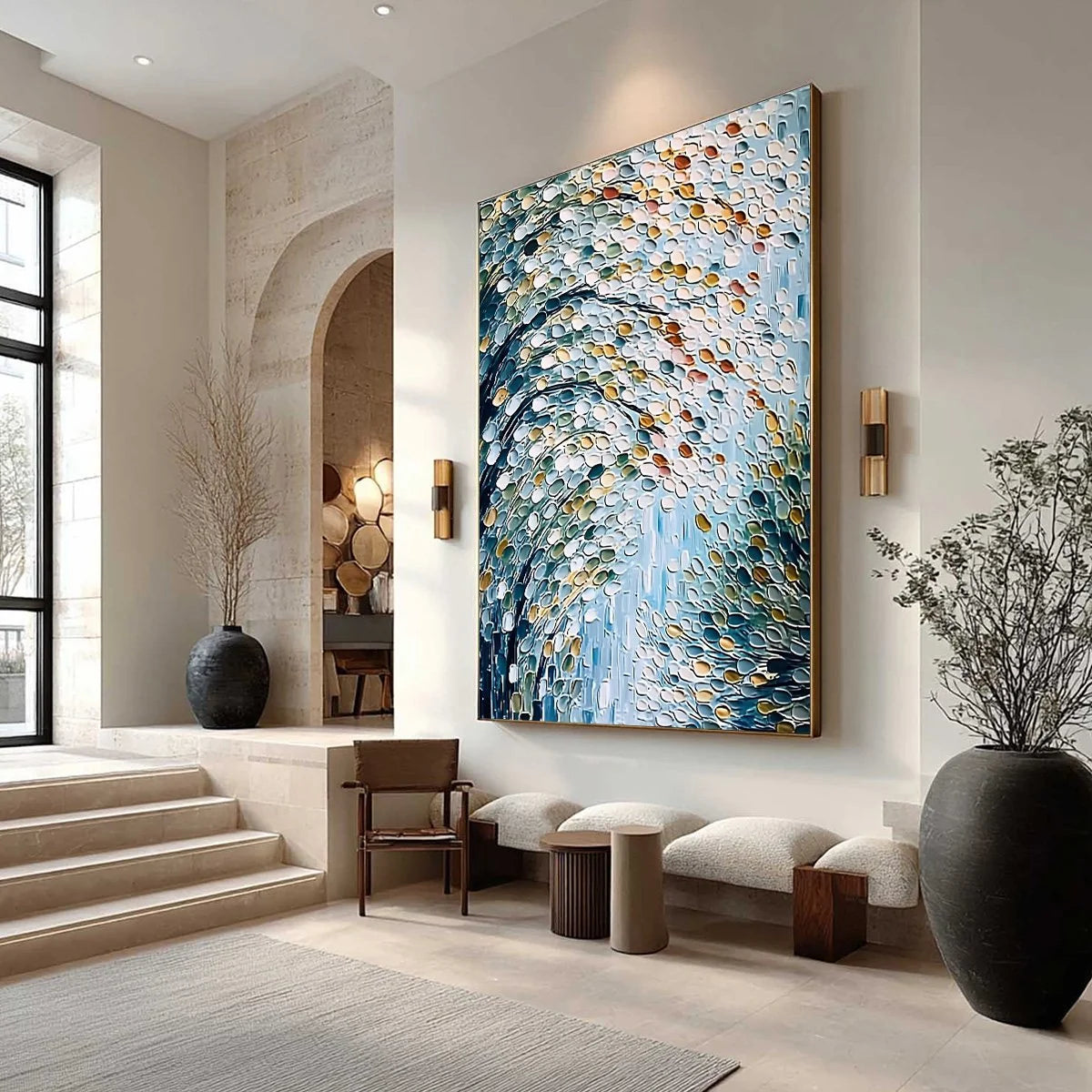 CASCADING PETALS: Heavy Texture Abstract Tree Impasto Painting | Abstract mood, soft natural light studio shot