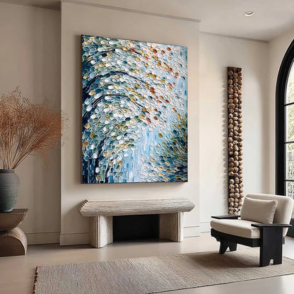 CASCADING PETALS: Heavy Texture Abstract Tree Impasto Painting | beige palette, original Hand-painted on vertical stretched canvas with artist-grade oils; rich layered surface creates a vibrant, sc...
