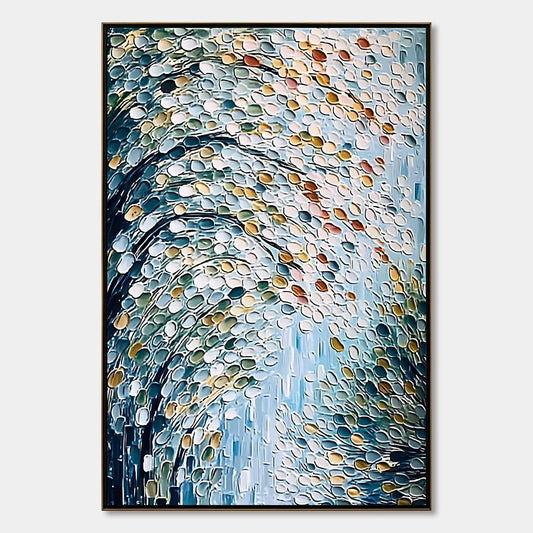 CASCADING PETALS: Heavy Texture Abstract Tree Impasto Painting | hanging in Heavy texture abstract tree impasto oil painting with cascading petals; thick palette-knife work in soft pink, white, and...