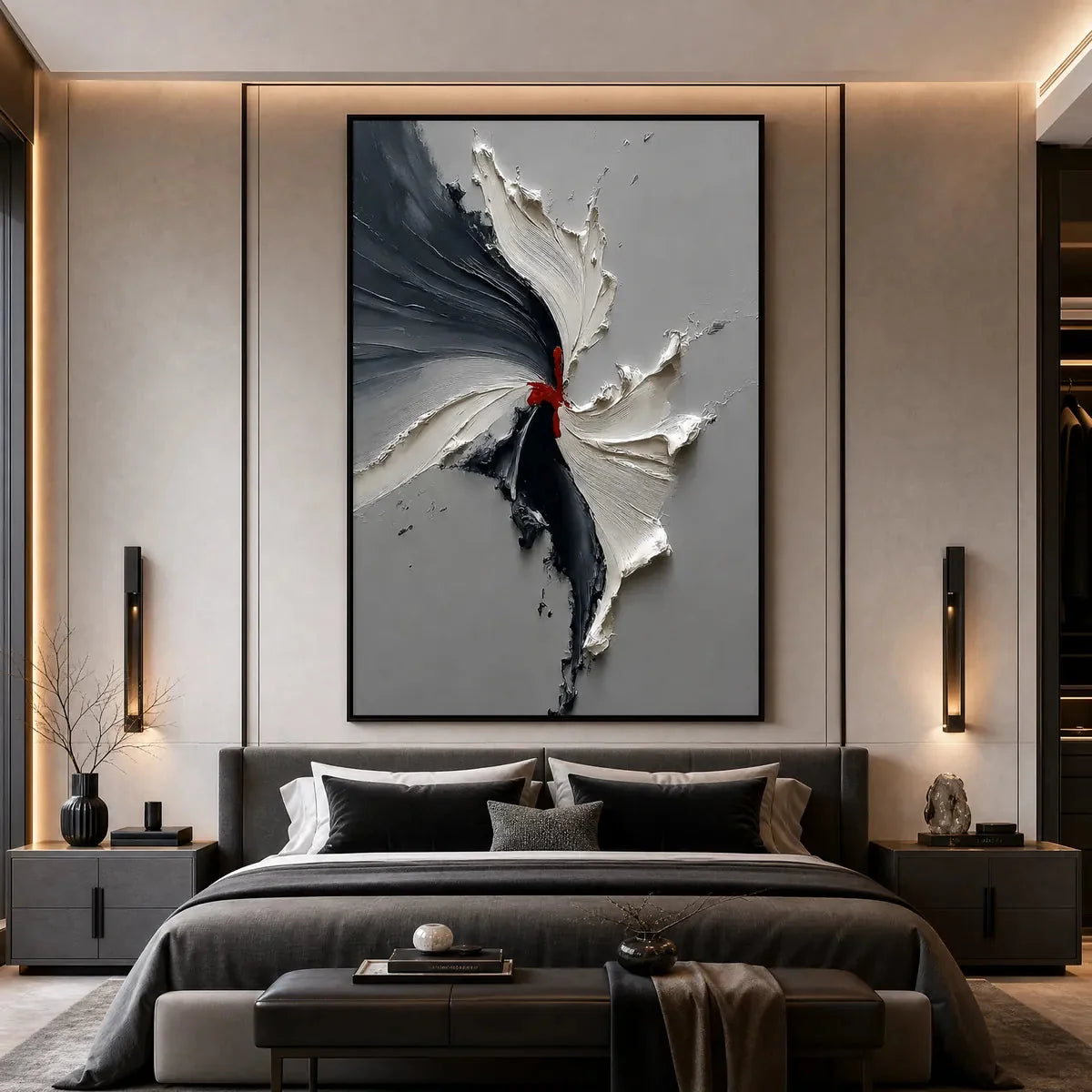 Catalyst: Grey & Black Textured Abstract Impasto Oil Painting | gold frame stretched on neutral wall