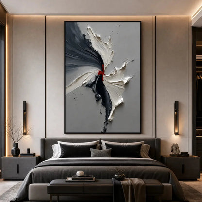 Catalyst: Grey & Black Textured Abstract Impasto Oil Painting | gold frame stretched on neutral wall