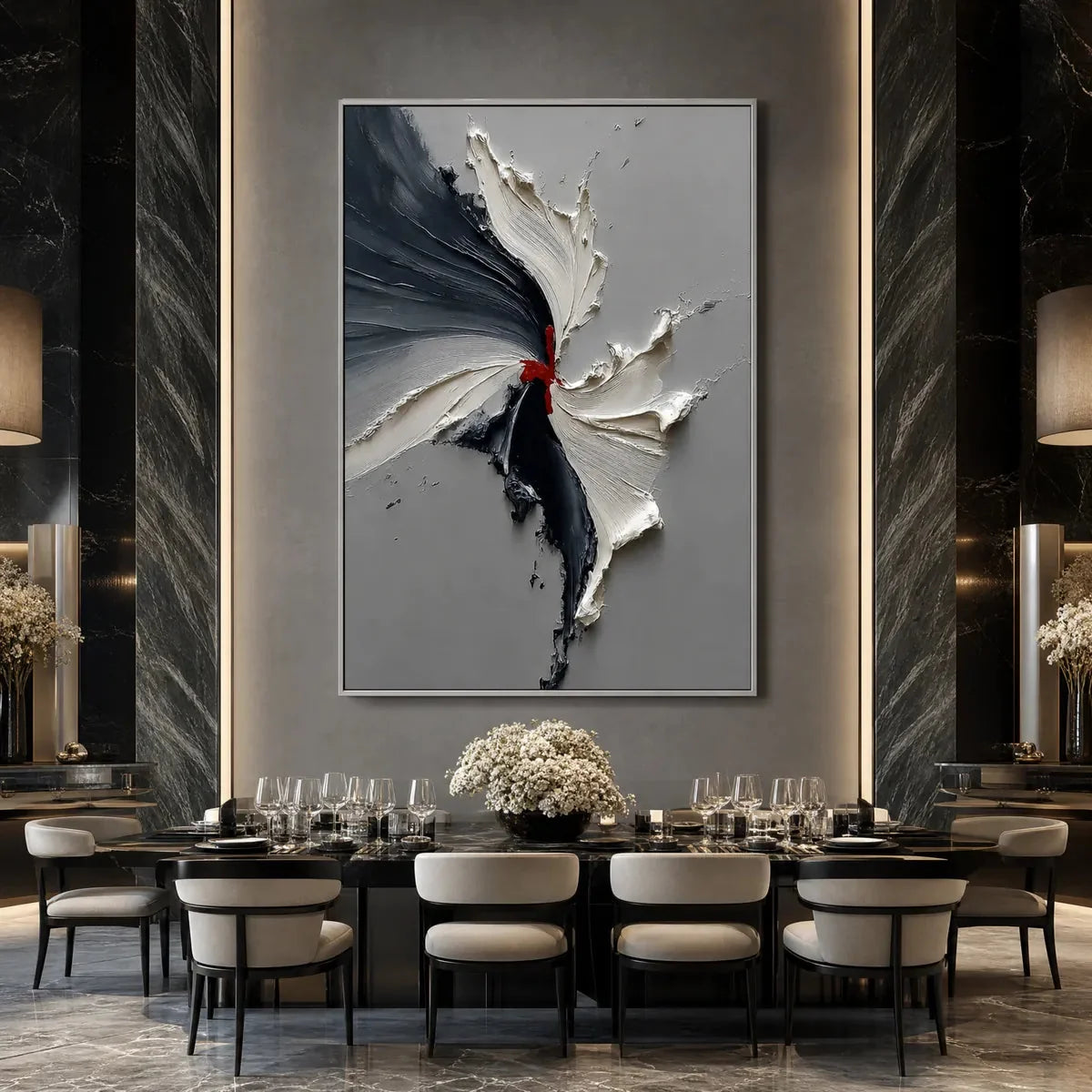 Catalyst: Grey & Black Textured Abstract Impasto Oil Painting | black frame version on white wall