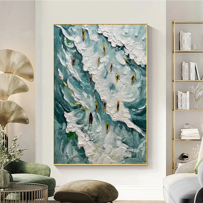 CATCHING THE WAVE: Ocean Surfers Impasto Oil Painting on Canvas | Abstract closeup, raised brushwork detail