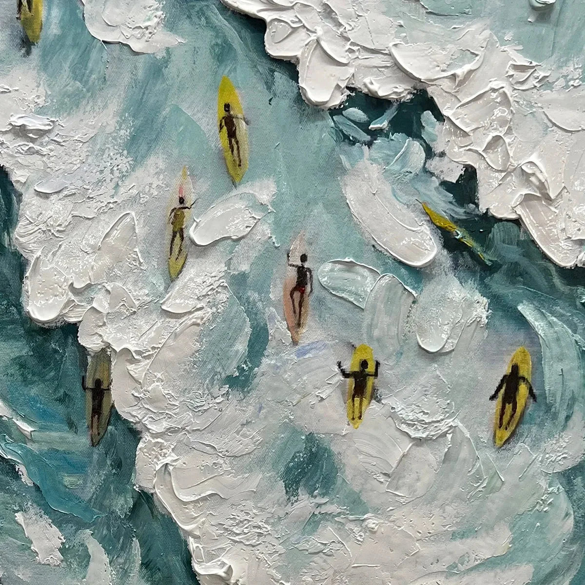 CATCHING THE WAVE: Ocean Surfers Impasto Oil Painting on Canvas | rectangular format, hand-painted canvas edge