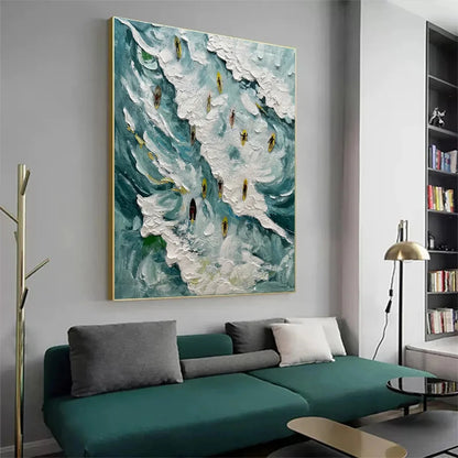 CATCHING THE WAVE: Ocean Surfers Impasto Oil Painting on Canvas | gold frame stretched on neutral wall