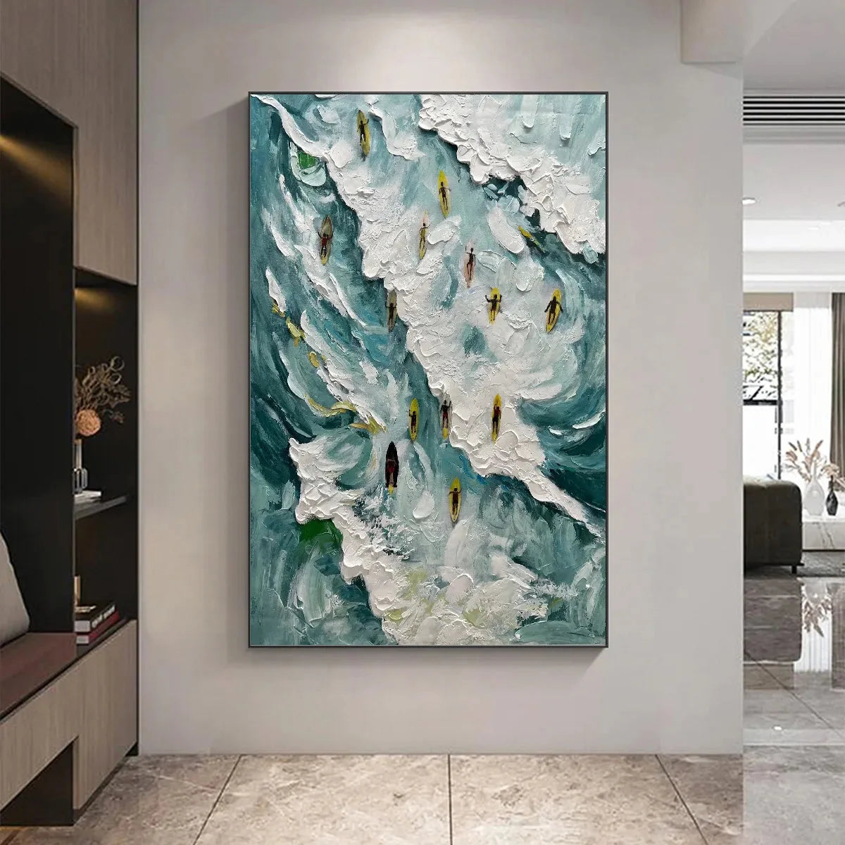 CATCHING THE WAVE: Ocean Surfers Impasto Oil Painting on Canvas | black frame version on white wall