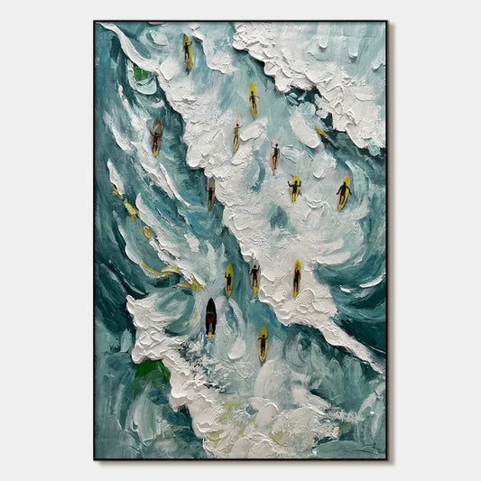 CATCHING THE WAVE: Ocean Surfers Impasto Oil Painting on Canvas | hanging in Ocean surfers impasto oil painting on canvas; rich palette-knife work in blue, white, and teal tones captures dynamic, e...